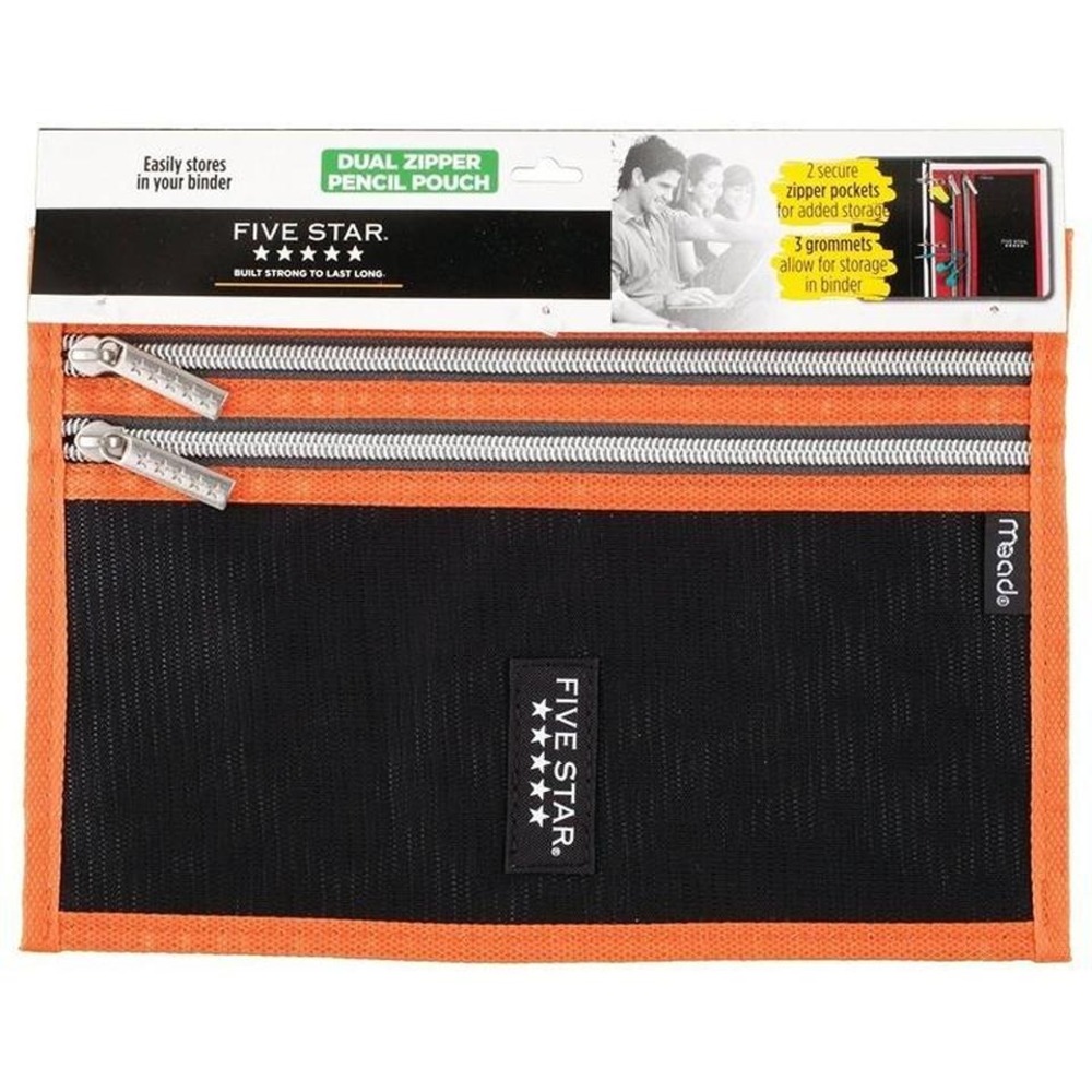 Five Star 2 Zipper Active Pencil Pouch Orange/Black